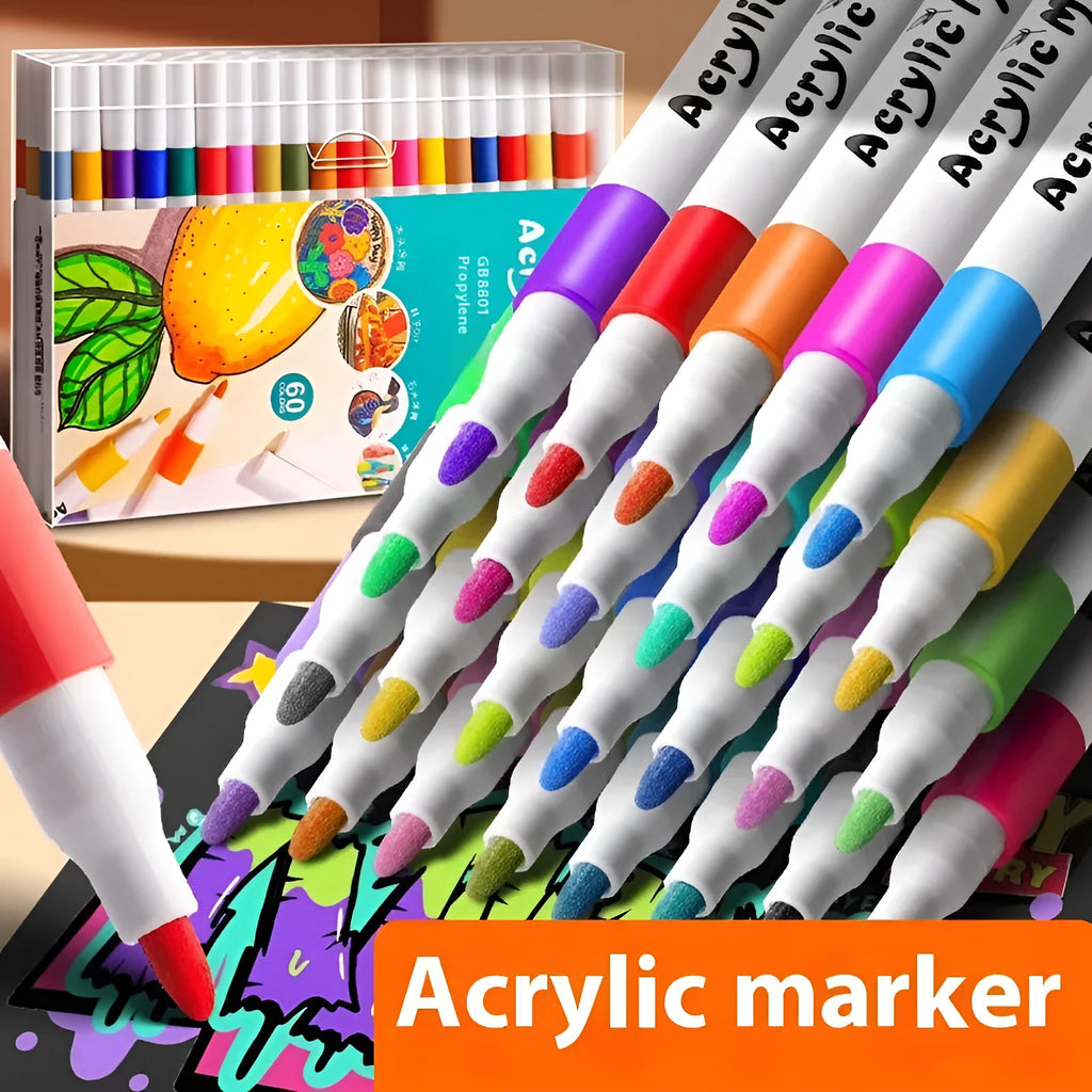 Box of multicolour acrylic marker pens for students, showing plastic bodies.