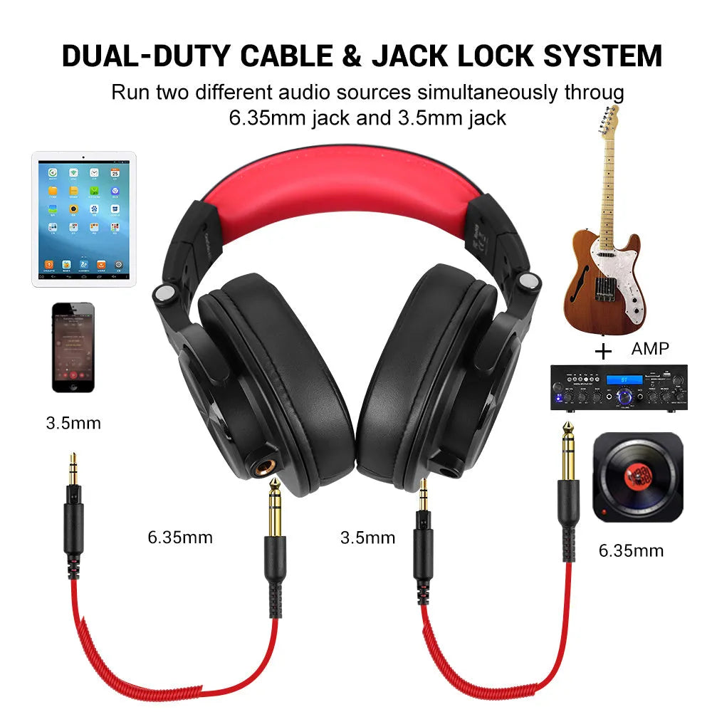 OneOdio black over-ear headphones with red accents and a detachable 3.5mm audio cable.