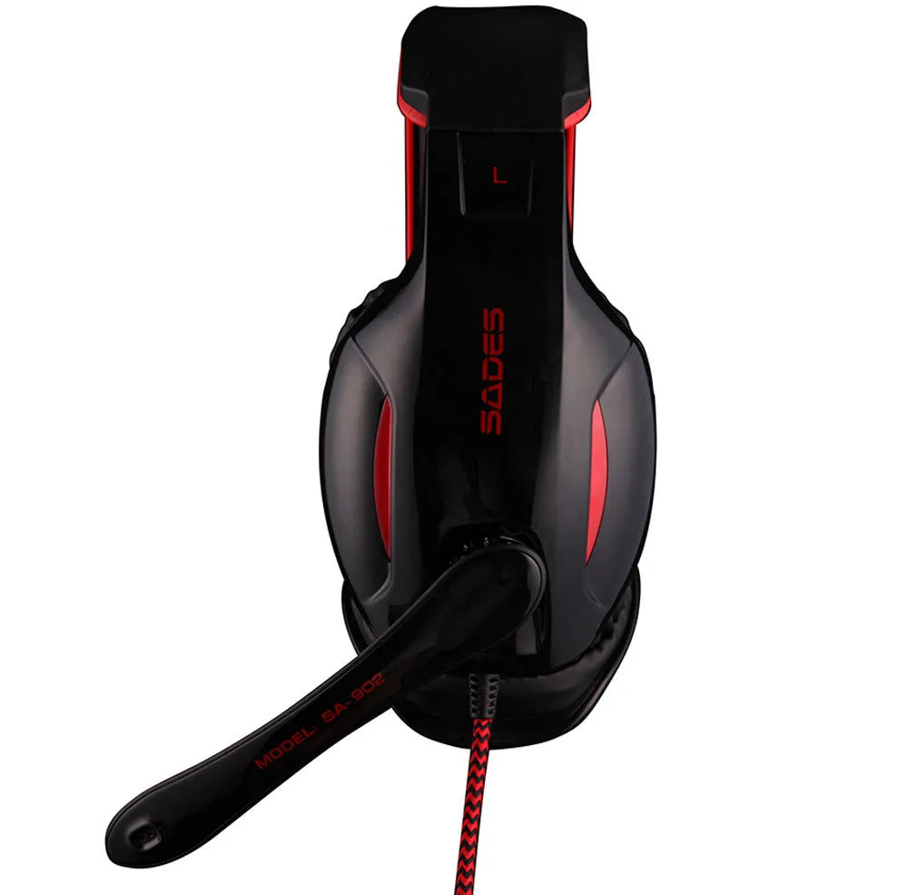 Black SADES SA902 wired USB gaming headset for PC with over-ear cups and adjustable headband.