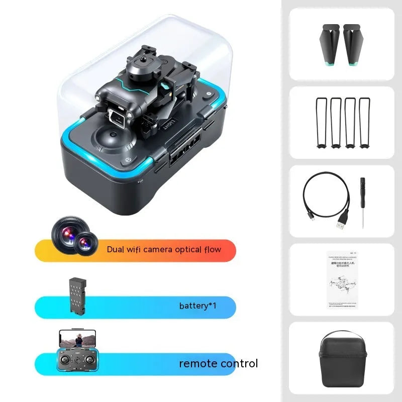 Black four-axis obstacle avoidance drone with optical flow hover and dual camera system measuring under 30cm