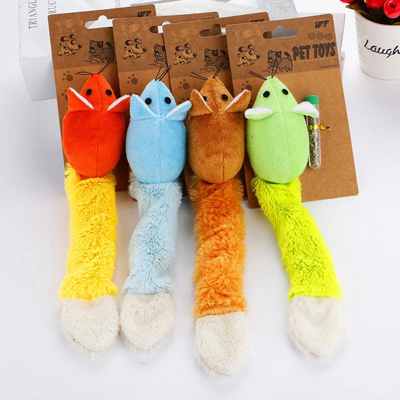 Plush cat mouse toy with mint refill, available in green, blue, orange, and coffee