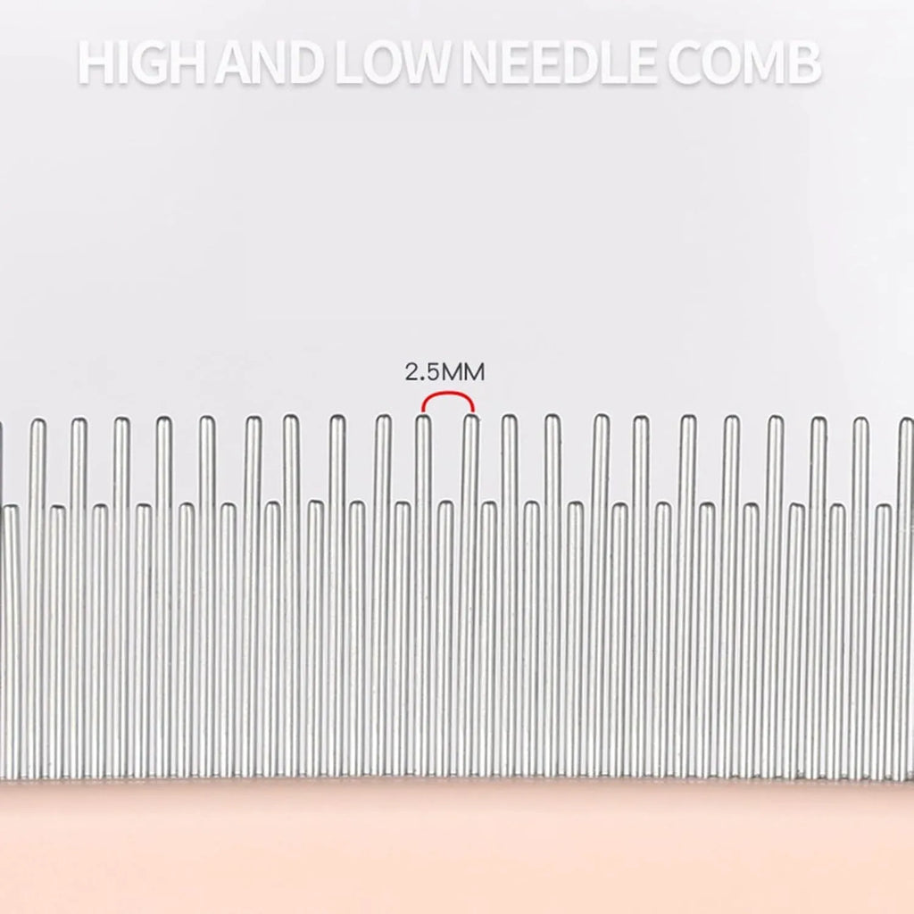 Blue pet detangler comb with three tooth configurations and rubber handle