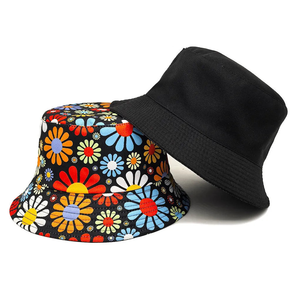 Polyester bucket hat with colourful flower pattern and dome crown