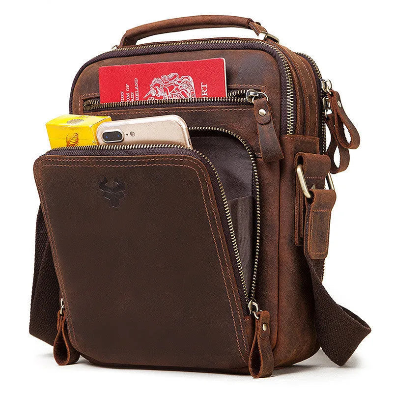 Men's brown Crazy Horse leather single-shoulder crossbody bag with retro styling and sewing line details
