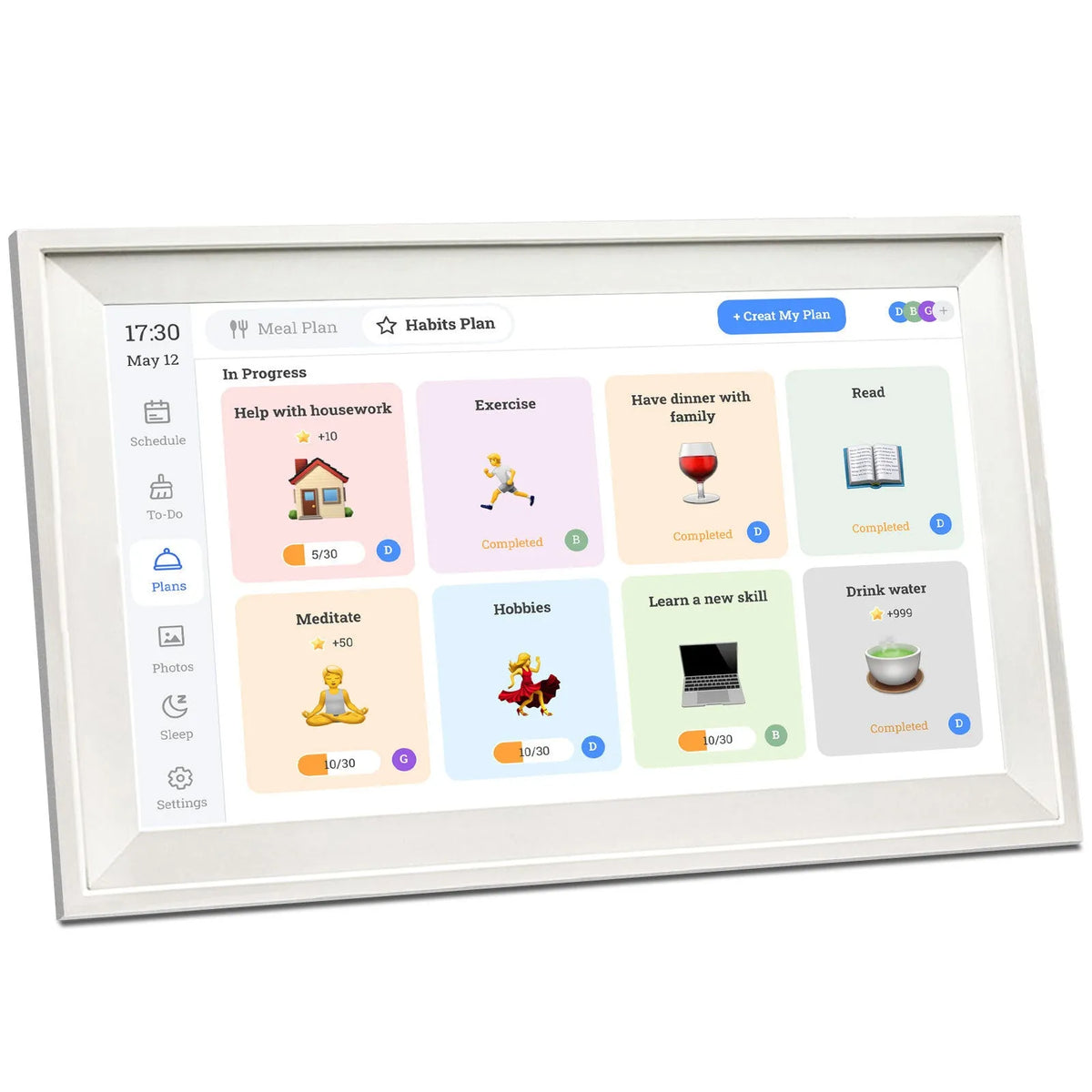 White 15.6 inch digital photo frame with smartphone app connectivity on adjustable bracket