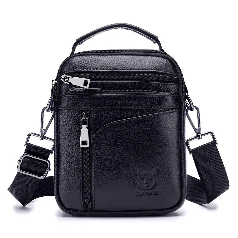 Black genuine leather men's shoulder messenger bag with retro styling for business and travel