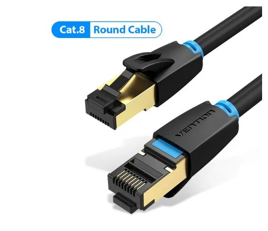 CAT8 Ethernet network cable with RJ45 connectors, shown in flat and round style options