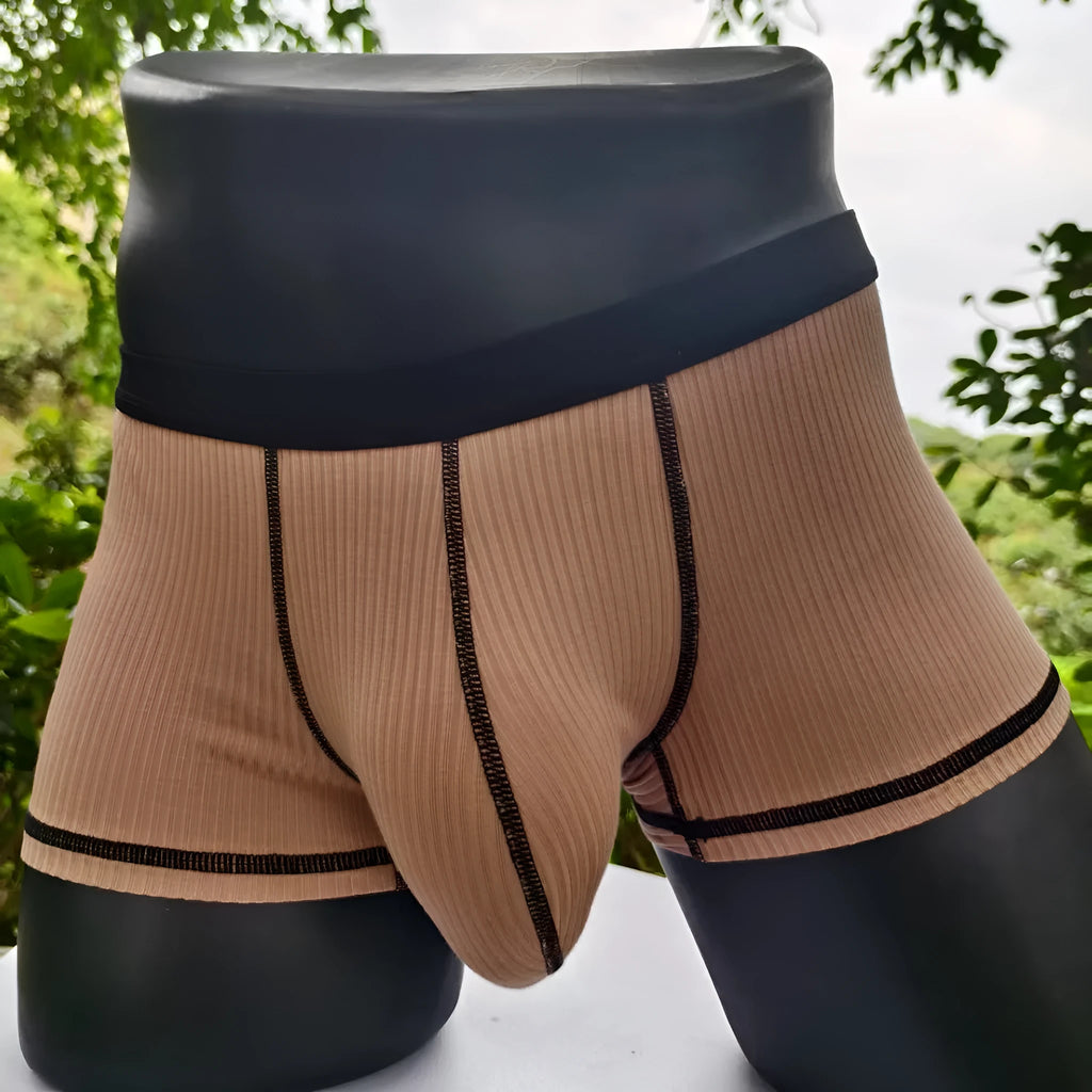 Men's solid colour boxers in Army Green shown flat, highlighting thin breathable fabric and body shaping design.