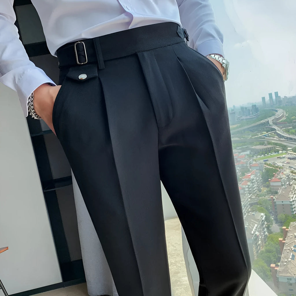 Straight-leg casual trousers in solid colour on a hanger, showing the classic cut and polyester fabric.