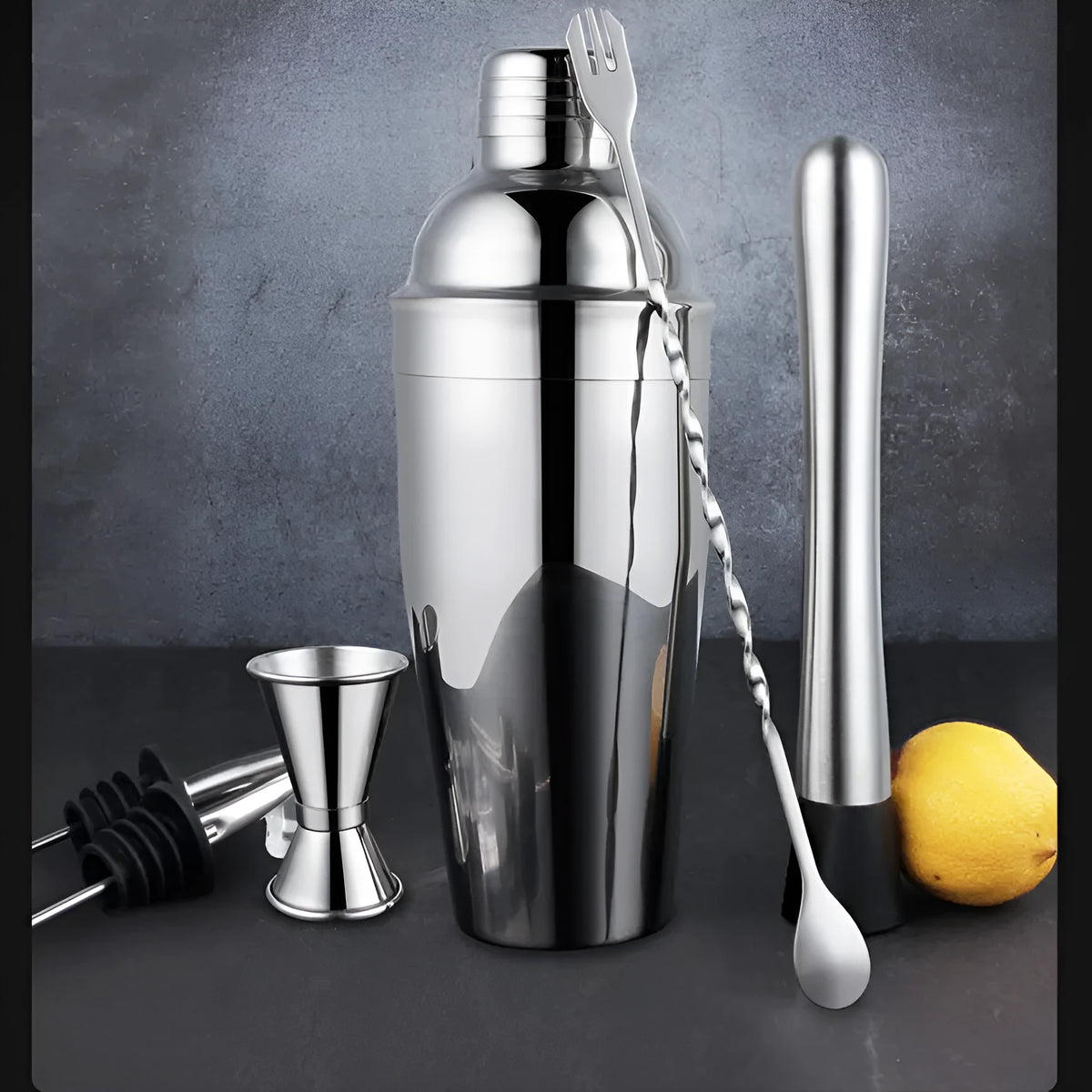 23-piece stainless steel cocktail set with European style design including shaker, strainer, and bar tools