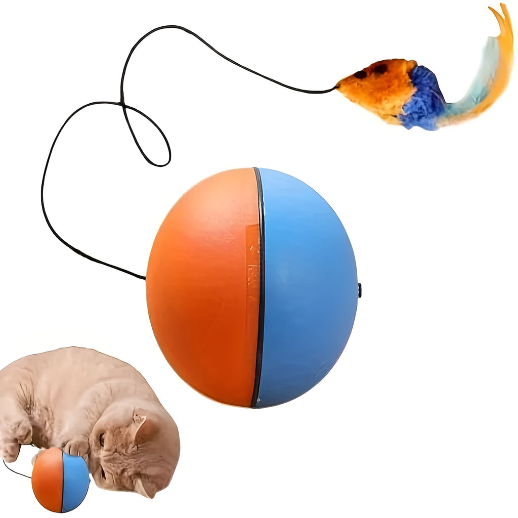 Interactive cat toy with plush mouse and exercise ball in blue and orange colours