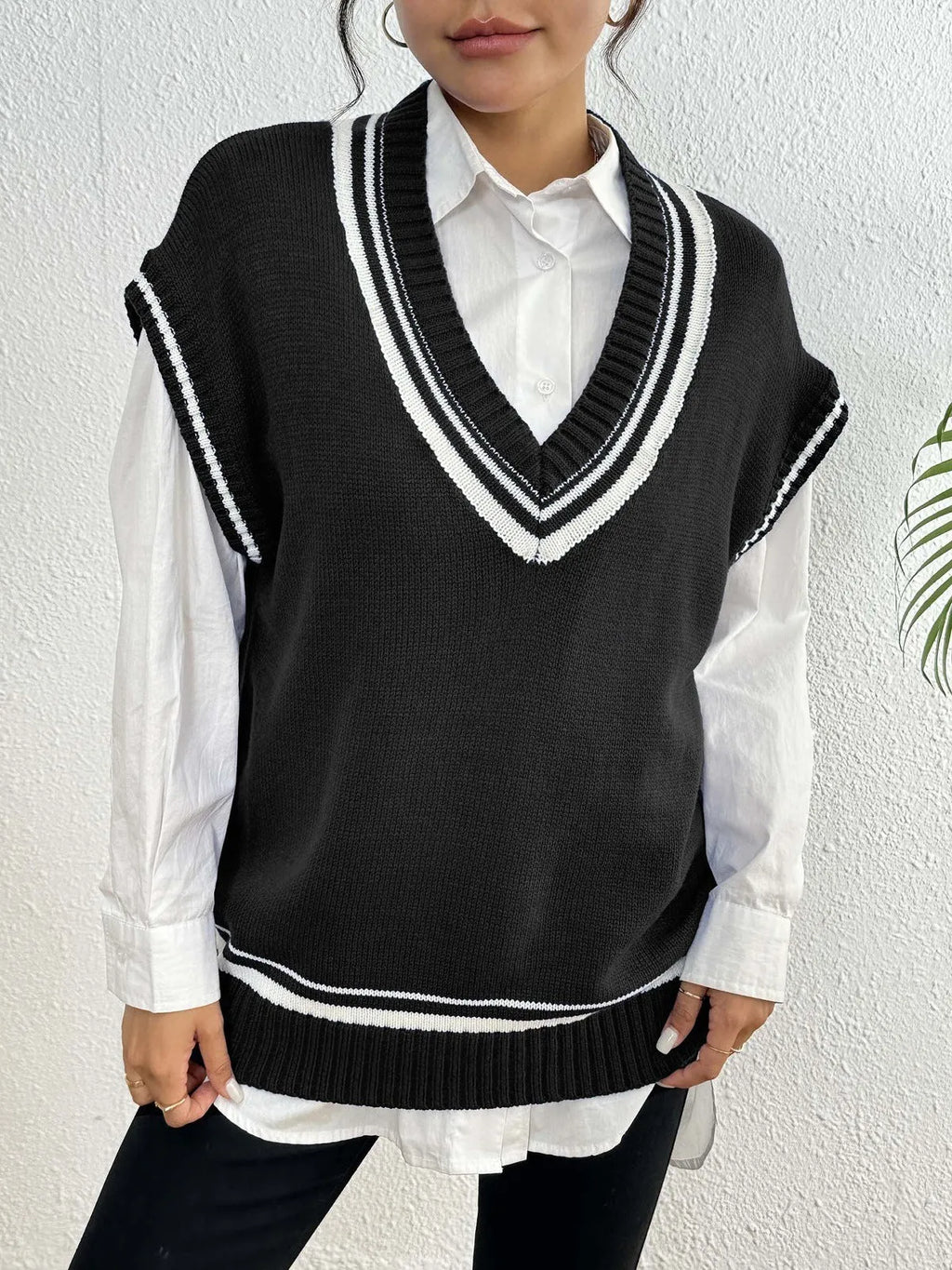 Women's college style acrylic wool vest sweater in loose fit pullover design