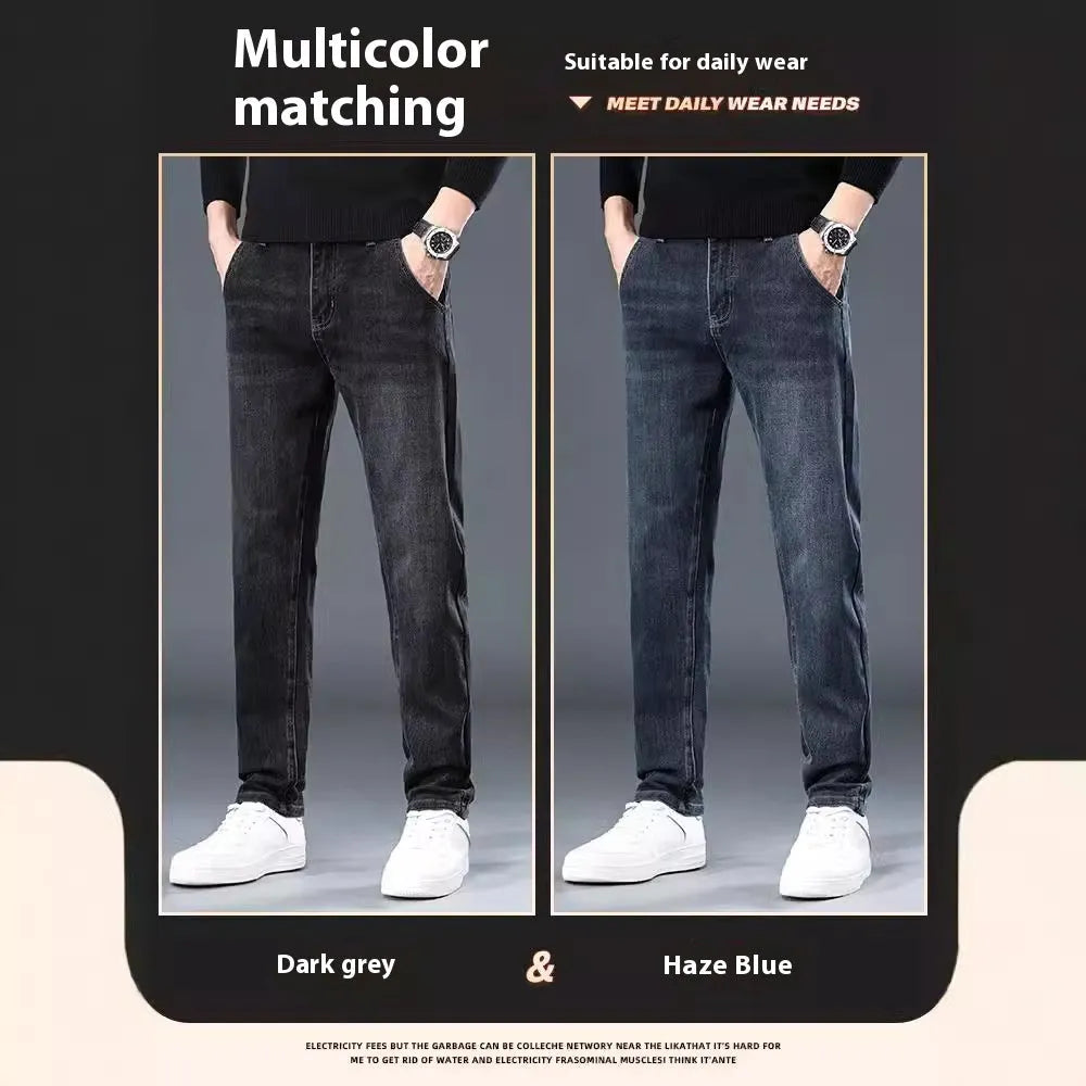 Men's slim straight casual trousers in blue grey, showing loose fit and street fashion style.