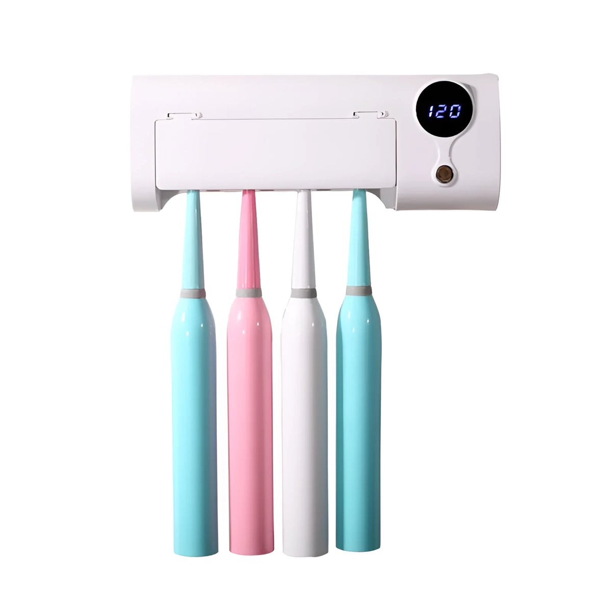 White wall-mounted smart toothbrush steriliser holder with UV disinfection and slots for 6 brushes.
