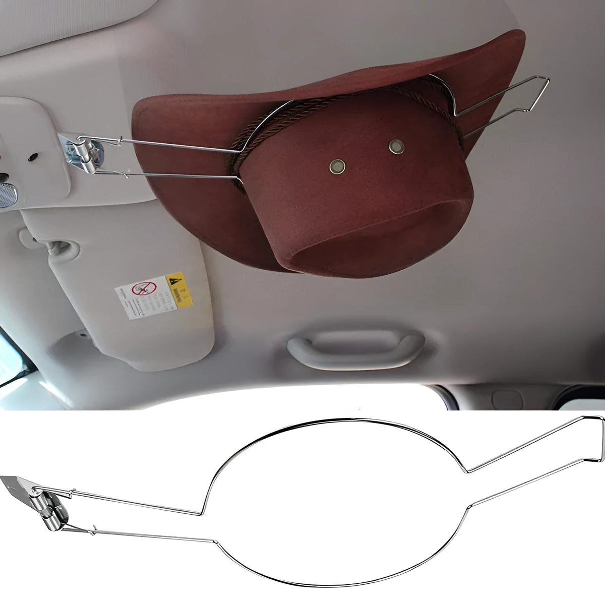 Brown car hat stand with chrome metal construction for interior vehicle storage