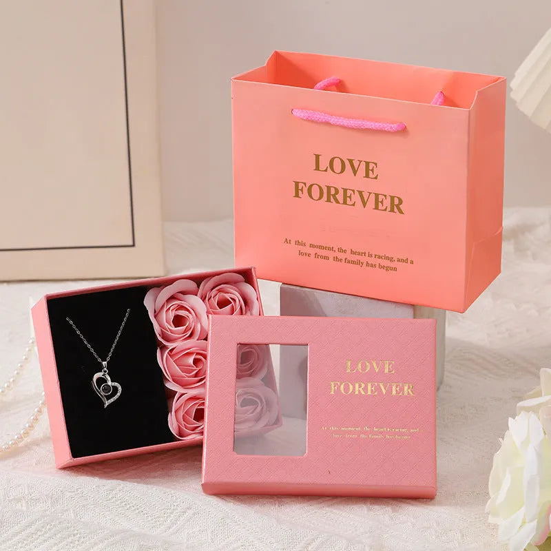 Korean style red soap flower gift set with six roses in a box and handbag