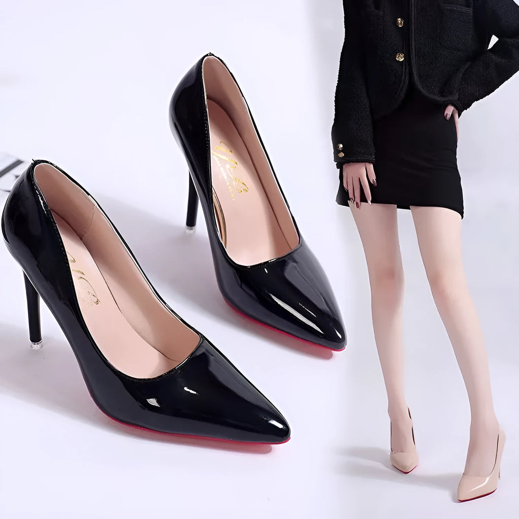 Women's solid colour stiletto heel pumps with a pointed toe and shallow mouth design on a white background.