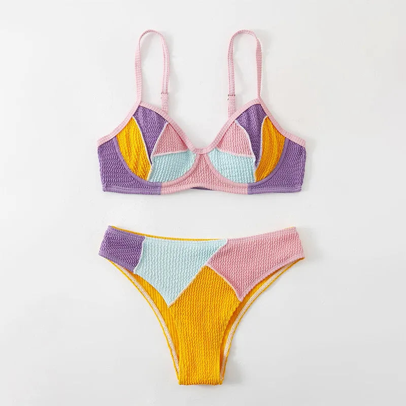 Ladies' bikini top with steel bracket push up and matching shorts in a spliced colour design.