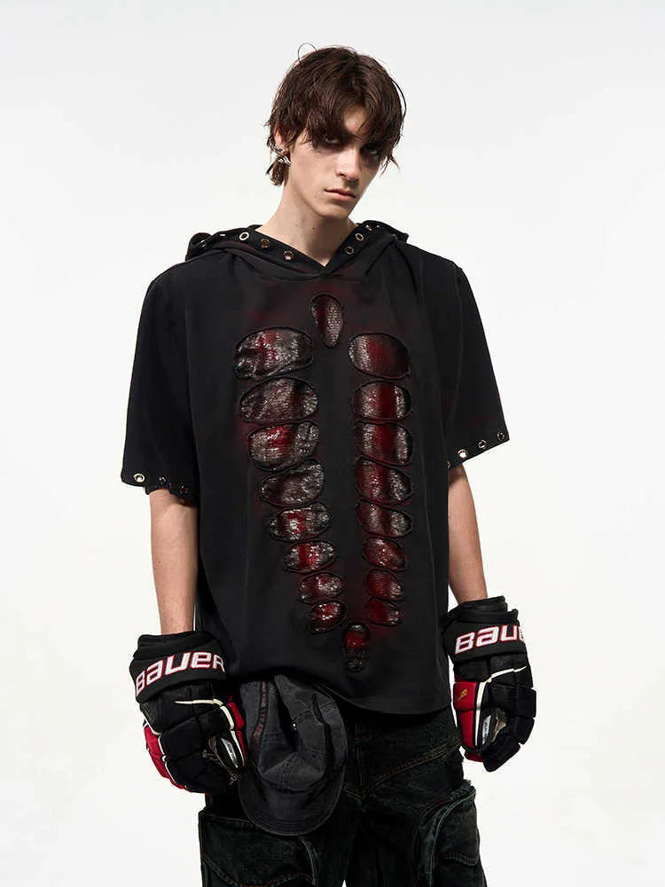 Black men's loose-fitting hooded t-shirt with short sleeves and sequin detailing.