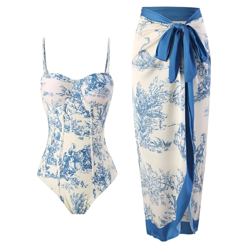 Women's blue one-piece swimsuit with matching gauze skirt set shown front and back