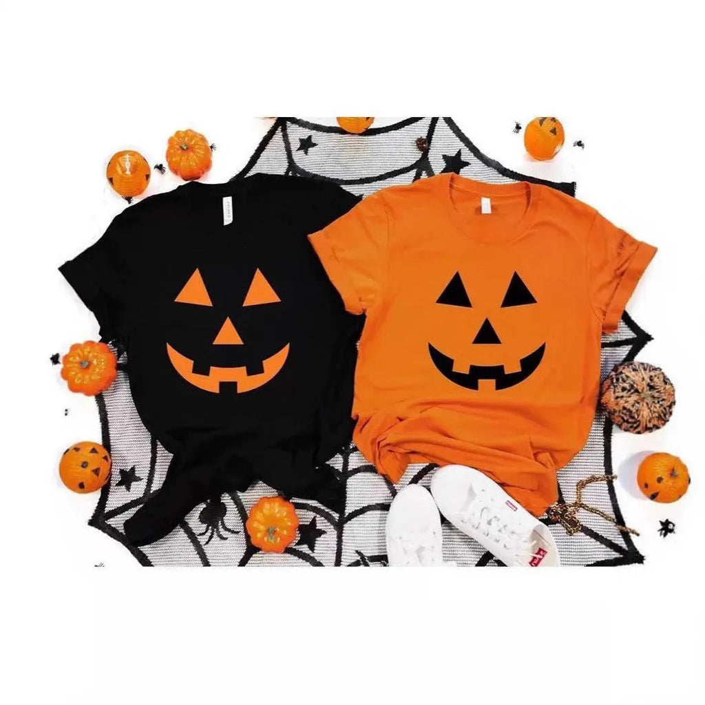 Pure cotton short sleeve Halloween T-shirt with cartoon print, loose fit, orange hat option, sizes S to XXXL