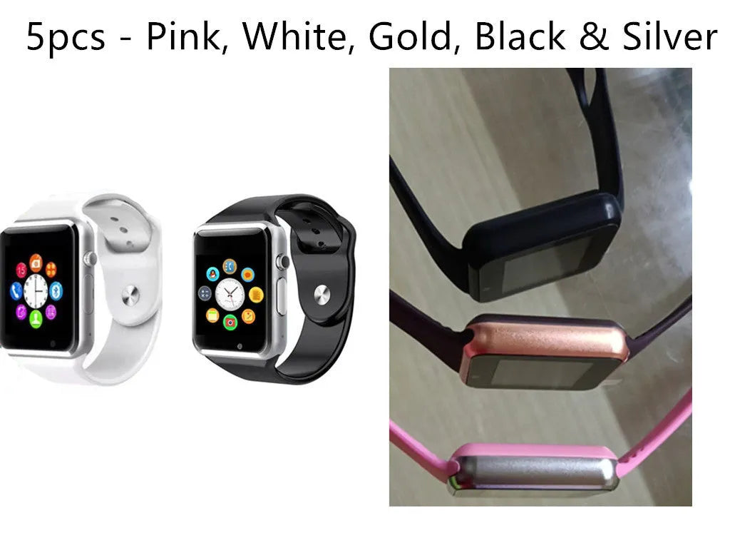 A1 Smart Watch with 1.54-inch screen showing interface, available in black silver white gold pink red green blue colour options