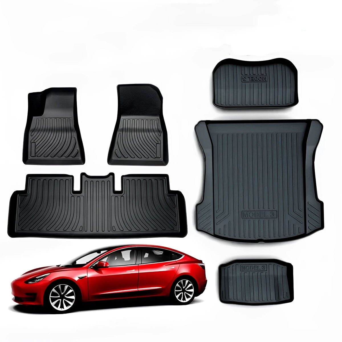 Rubber floor mats for Tesla cars including TPE footrest sections