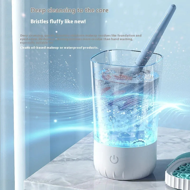 White plastic rechargeable electric makeup brush cleaning device with USB charging cable