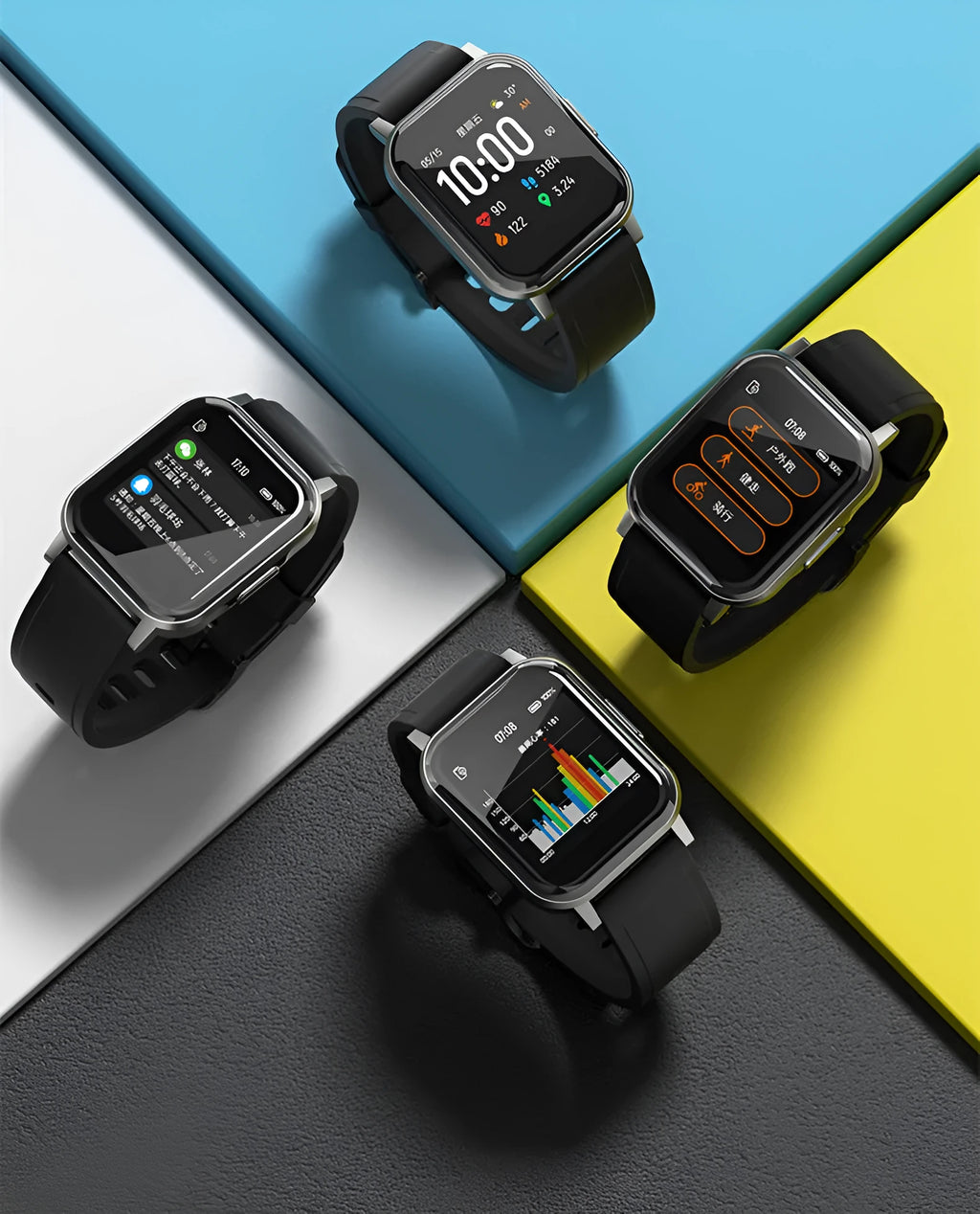 Black waterproof smart bracelet with a 1.4-inch screen on a silicone strap, showing fitness tracking interface.