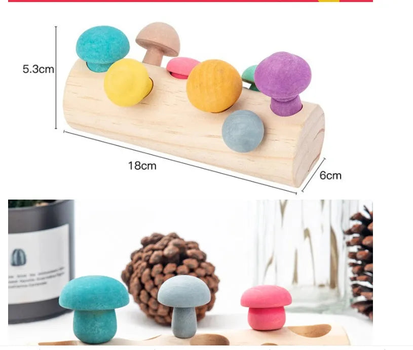 Wooden mushroom picking game puzzle toy in wood colour for toddlers over 12 months, box size 26 x 13 x 6 cm