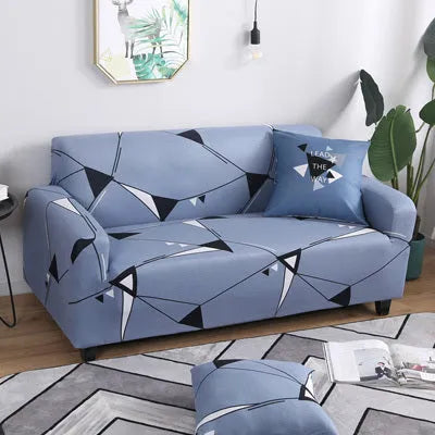 Geometric pattern stretch sofa slipcover on double seat sofa with matching cushion