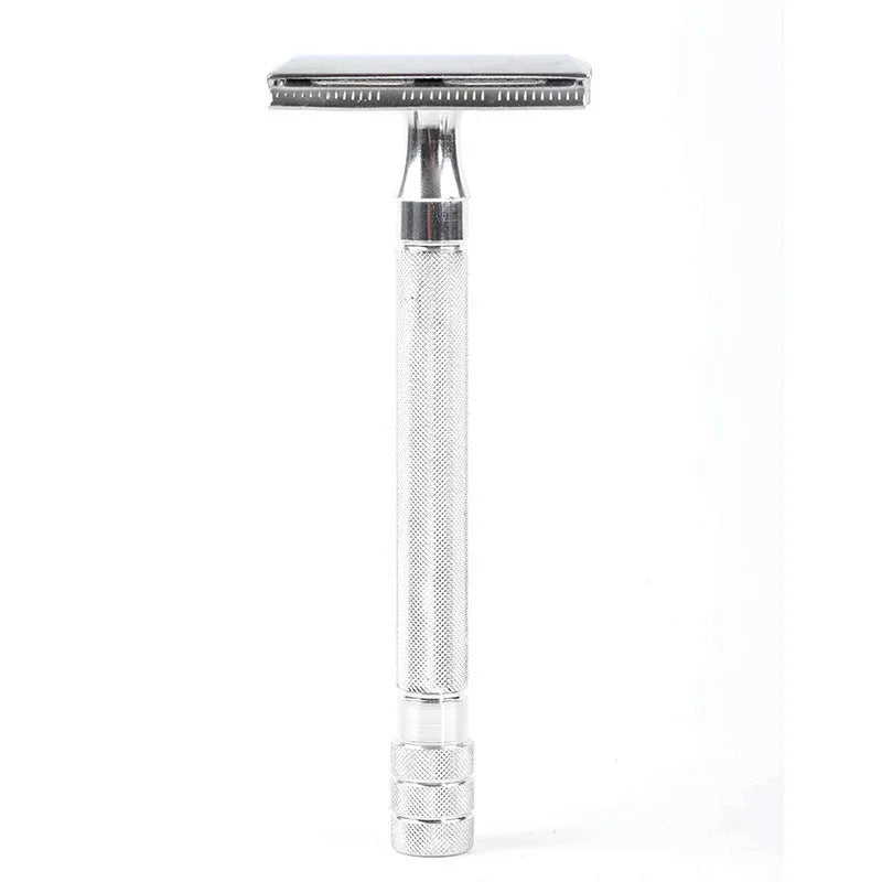 Old-fashioned manual metal shaver and brush set for traditional wet shaving, shown in black and silver options.