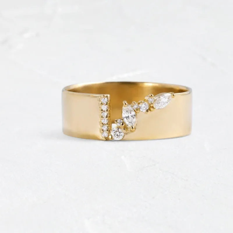 Gold electroplated copper fashion ring with shining zircon detail showing front view
