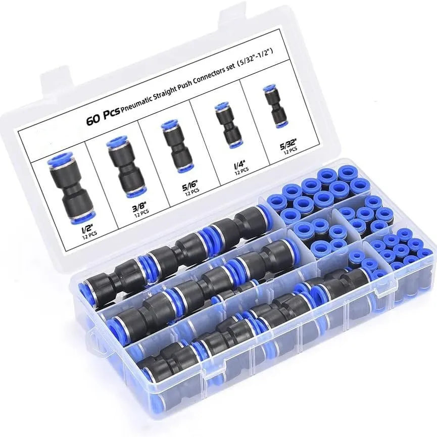 60-piece pneumatic push-in connector set with R1/4 and R1/2 thread sizes