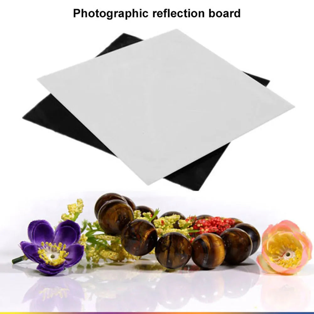 Black and white acrylic reflection boards in 20cm, 30cm, and 40cm square sizes for photography.
