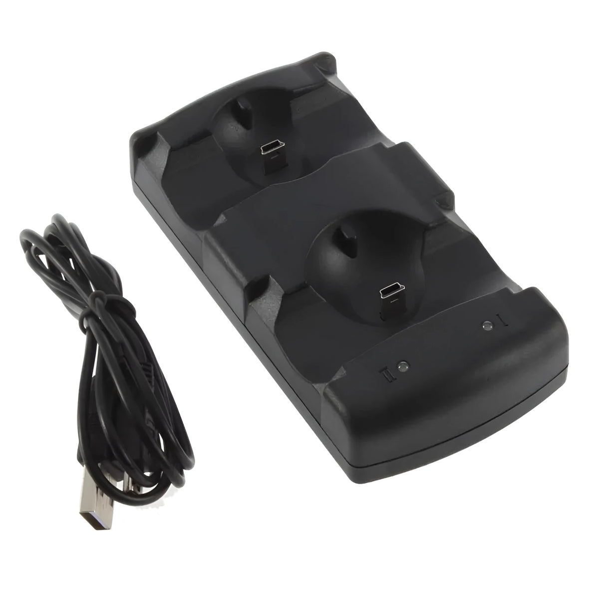 Black PS3 dual controller charging dock with two PS3 wireless controllers inserted