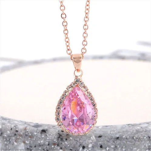 Rose gold pink women's geometric rhinestone necklace with drop shape pendant