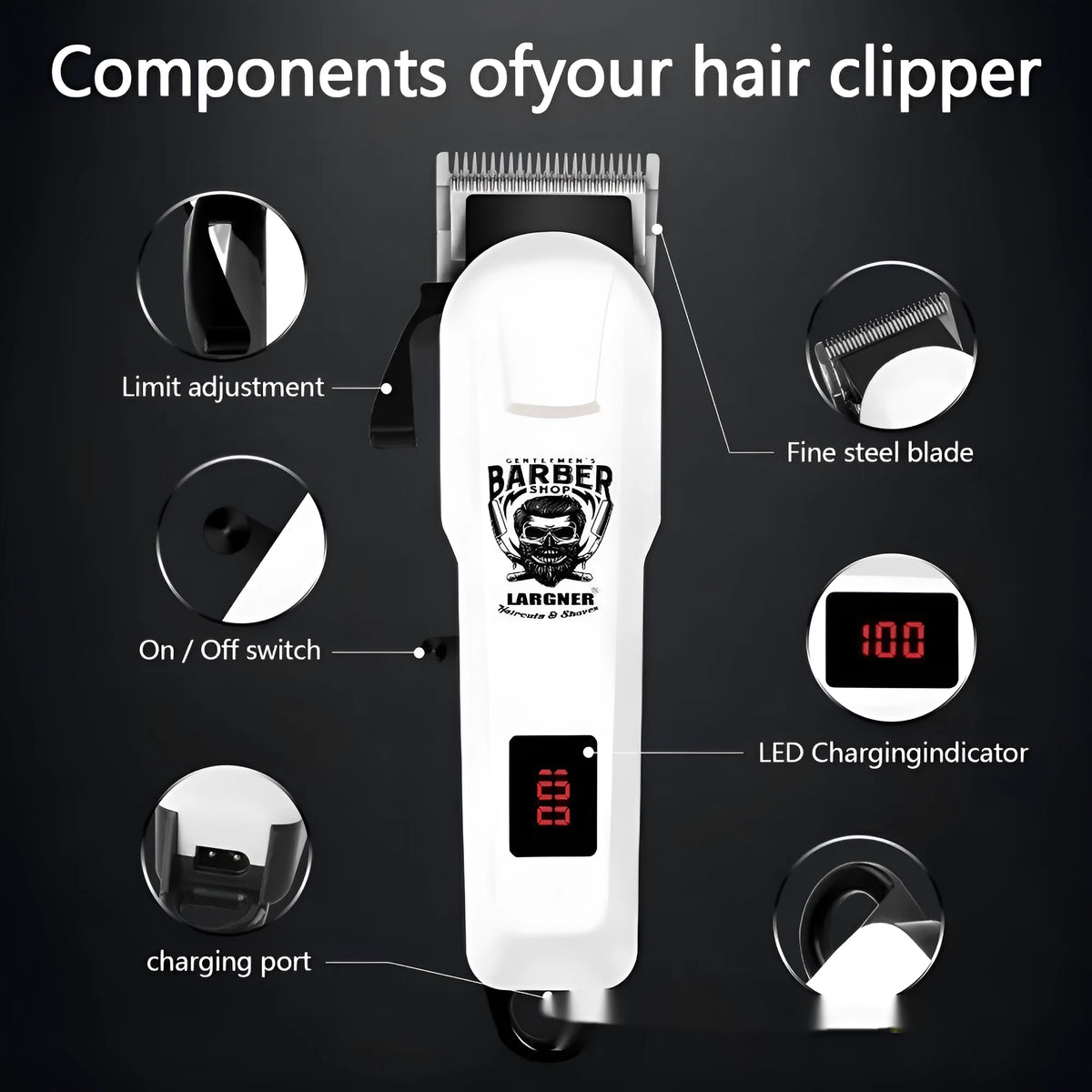 Rechargeable stainless steel hair clipper with 4-in-1 grooming accessories and USB charging cable