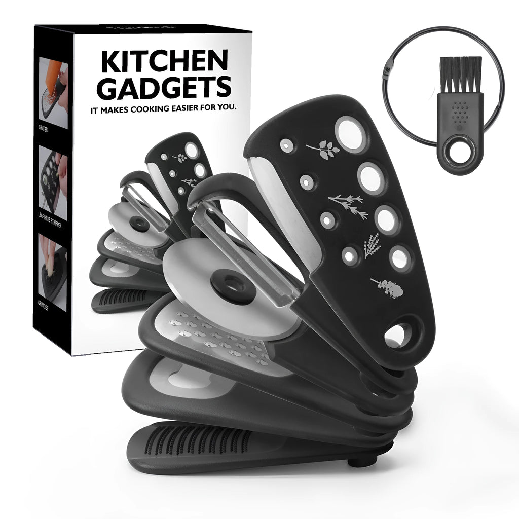 Six stackable kitchen gadget tools and a brush in a colour box, made from stainless steel and polypropylene.