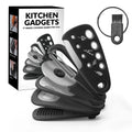 Six stackable kitchen gadget tools and a brush in a colour box, made from stainless steel and polypropylene.