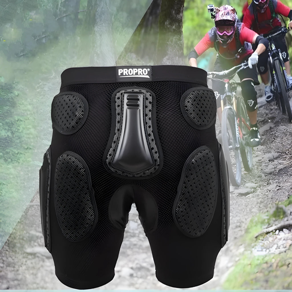 Black cycling protective trousers with integrated hip pads, shown in size L.