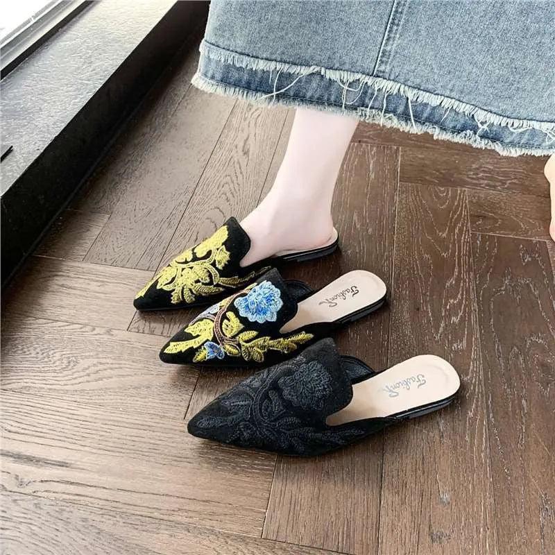Women's embroidered round toe slippers with PU upper and rubber sole, shown in black colourway, sizes 35 to 40