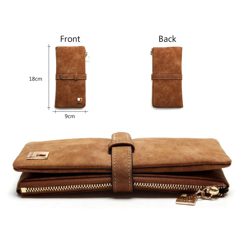 Women's vintage-style long wallet in matte PU leather with zip, shown open revealing card slots and coin purse.