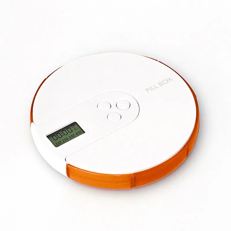 Blue 7-compartment electronic pill dispenser with alarm clock display, shown next to pills.