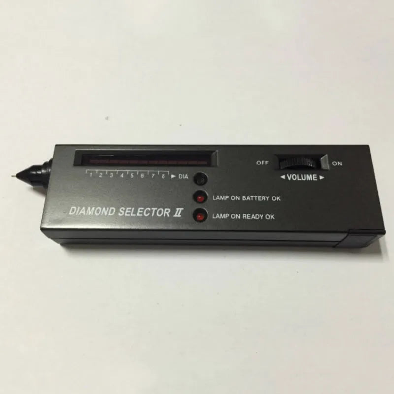 Black handheld second generation diamond thermal conductivity meter on a grey background.