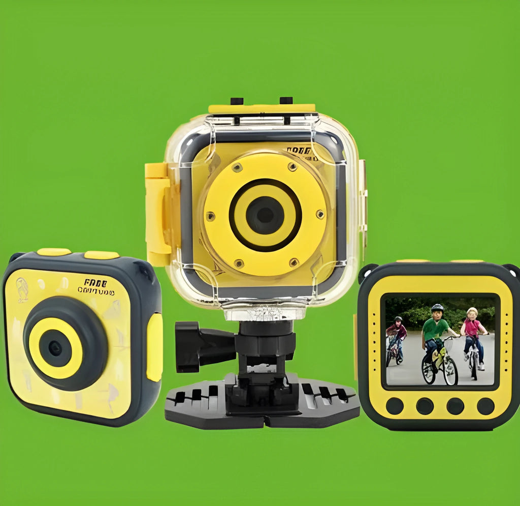 Yellow children's waterproof sports camera showing front with lens and 1.77-inch screen.