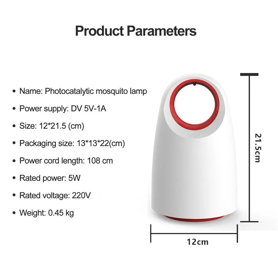 A compact white or black ABS plastic mosquito killer lamp with a UV light and USB cable.