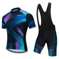 Cycling jersey and shorts set for men and women in moisture-wicking fabric.