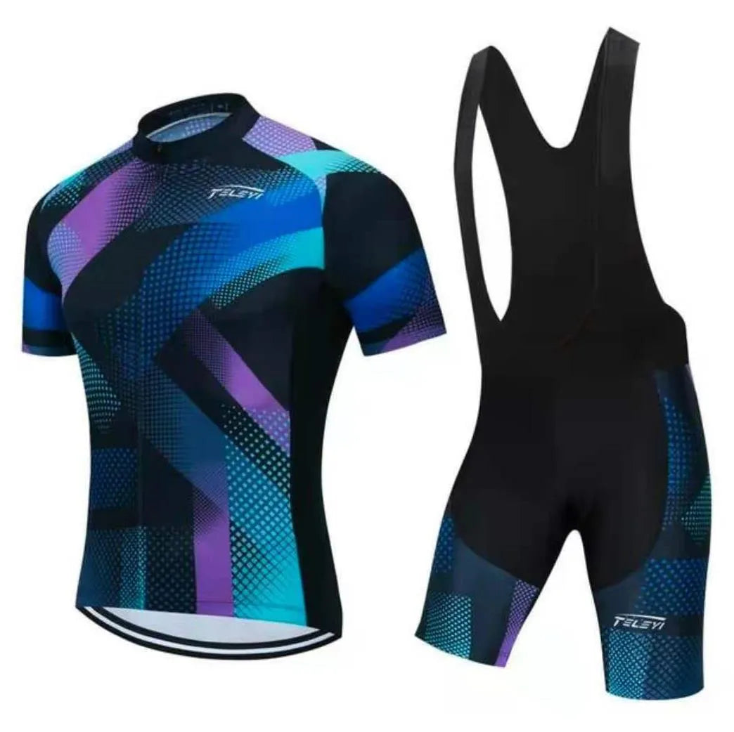 Cycling jersey and shorts set for men and women in moisture-wicking fabric.