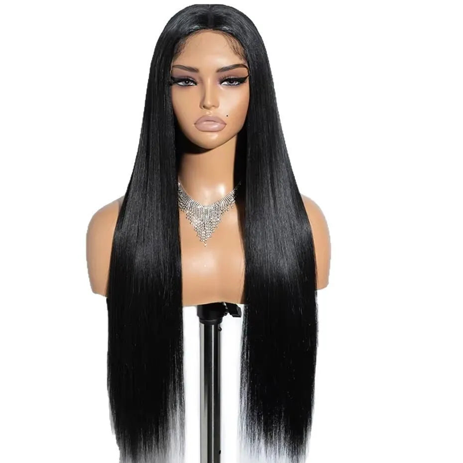 Straight human hair glueless wig with side bangs shown in various lengths